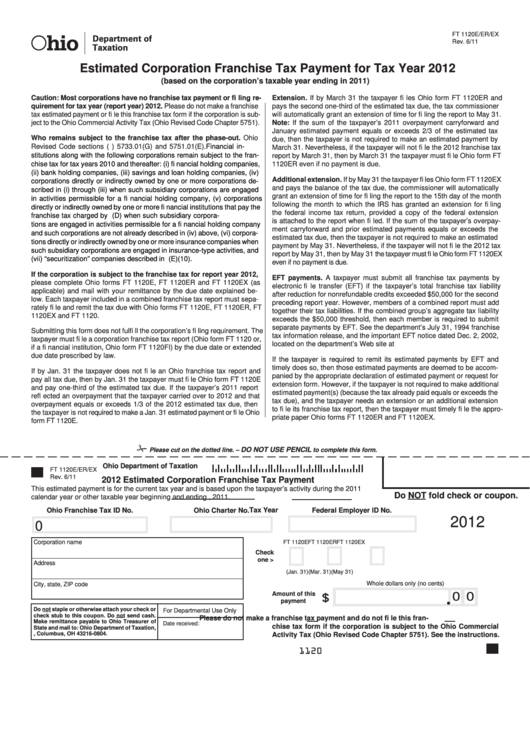 Fillable Form Ft 1120e/er/ex Estimated Corporation Franchise Tax Payment Ohio Department Of
