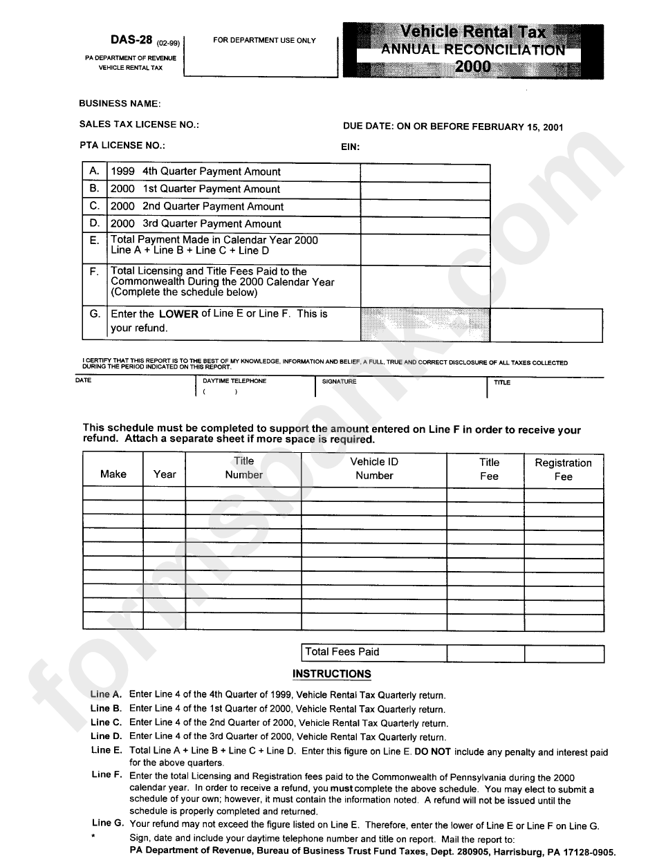 Form Das28 Vehicle Rental Tax Annual Reconciliation 2000 printable