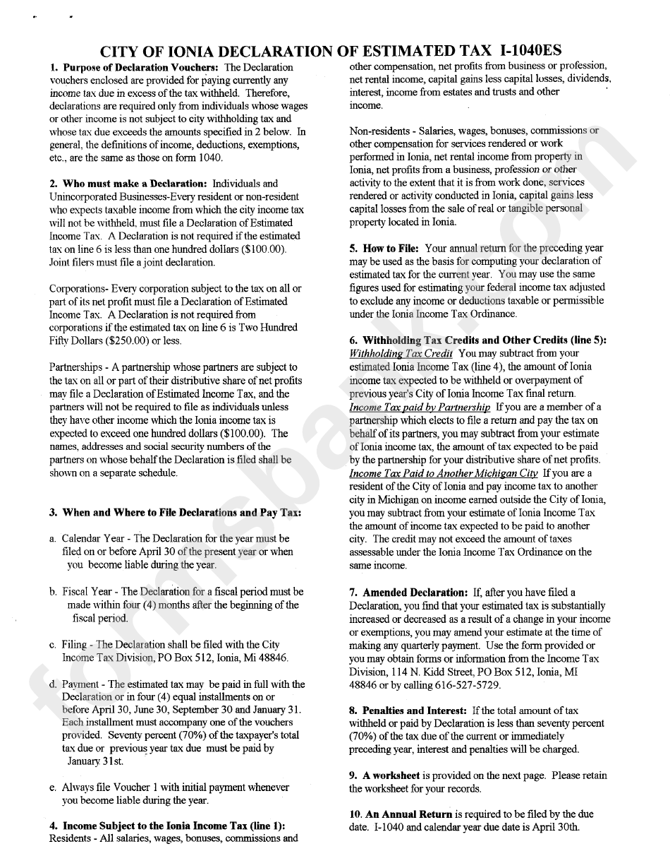 Form I1040es Declaration Of Estimated Tax City Of Ionia printable pdf download