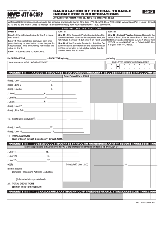 Form NysAttSCorp Calculation Of Federal Taxable For S