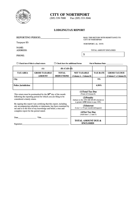 Fillable Lodging Tax Report Form City Of Northport printable pdf download
