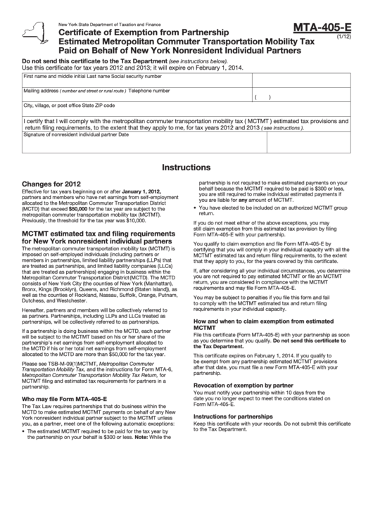 Fillable Form Mta405E Certificate Of Exemption From Partnership