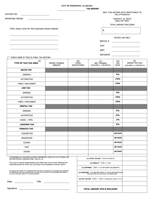 Fillable Tax Report City Fo Piedmont printable pdf download