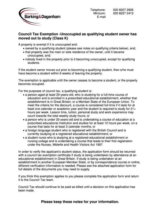 Fillable Application For Council Tax Exemption printable pdf download