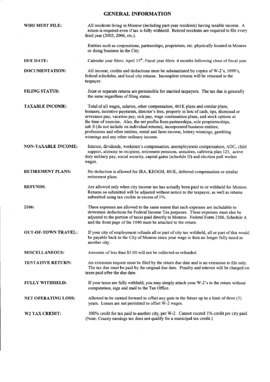 And Estimated Tax Instructions City Of Monroe printable pdf