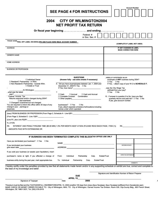 City Of Wilmington Net Profit Tax Return 2004 printable pdf download