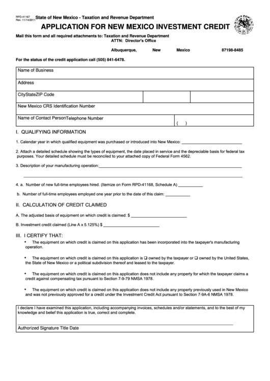 Form Rpd41167 Application For New Mexico Investment Credit printable