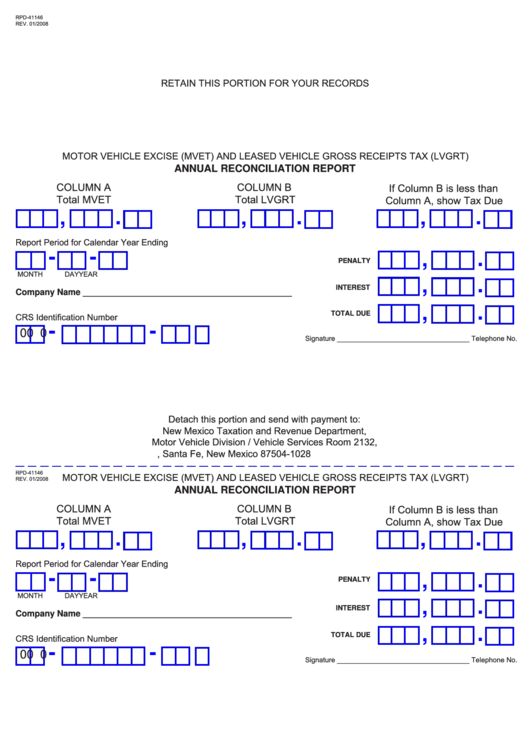 Form Rpd41146 Motor Vehicle Excise (Mvet) And Leased Vehicle Gross Receipts Tax (Lvgrt) New