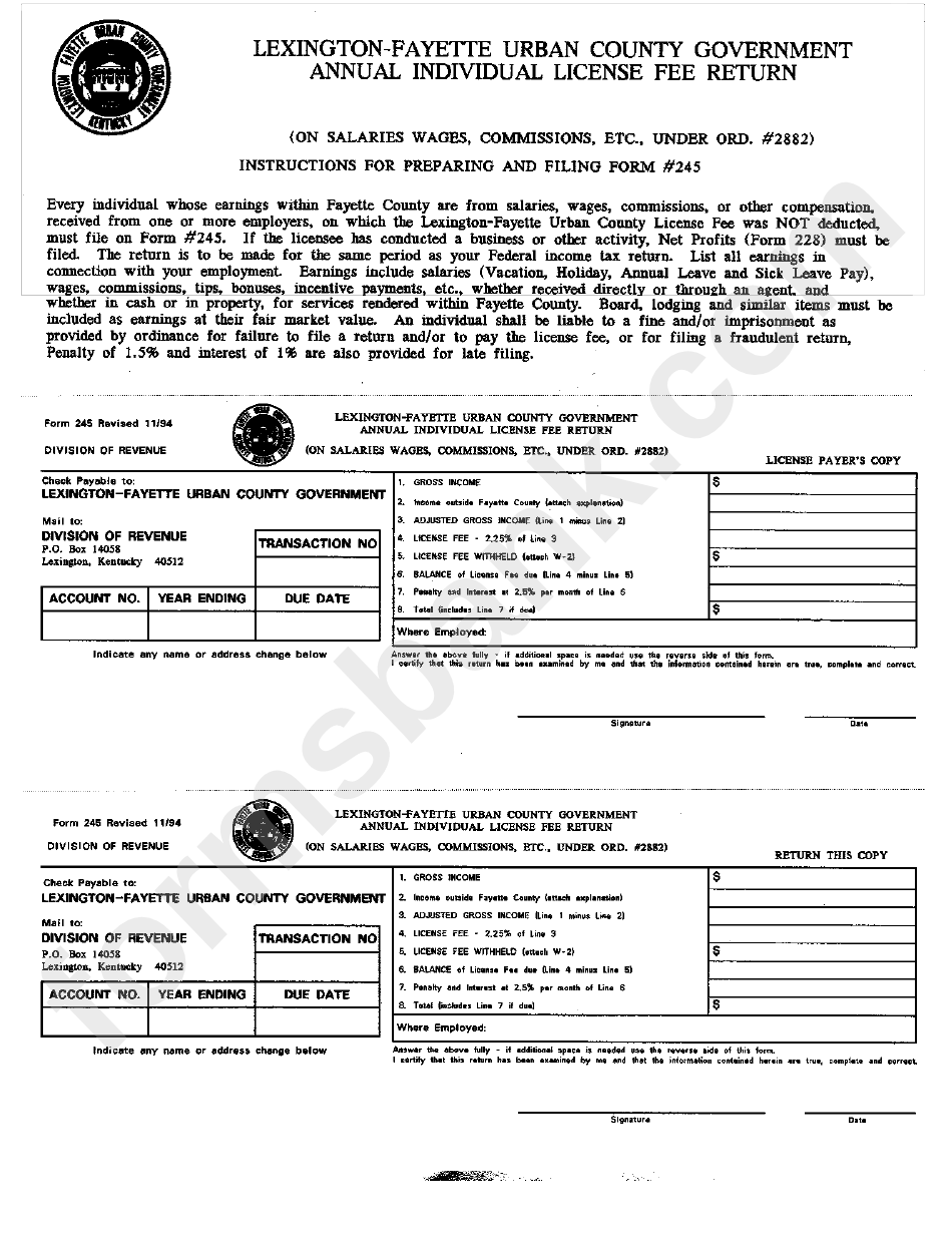 Form 245 Annual Individual License Fee Return LexingtonFayette