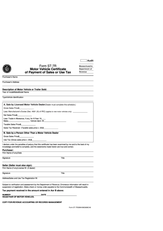 Fillable Form St7r Motor Vehicle Certificate Of Payment Of Sales Or Use Tax Massachusetts