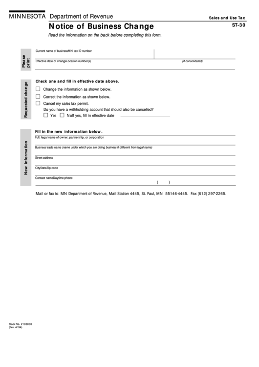 Fillable Form St30 Notice Of Business Change Minnesota Department