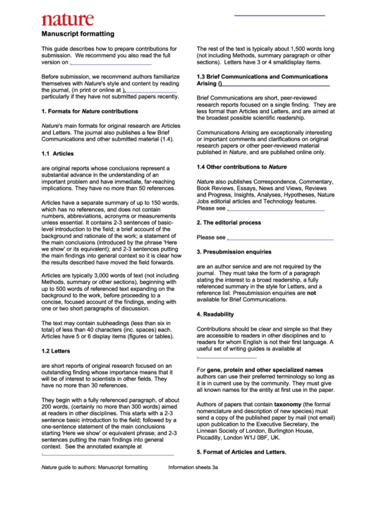 Nature Guide To Authors Manuscript Formatting Information Sheets