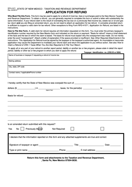 Form Rpd41071 Application For Refund State Of New Mexico Taxation