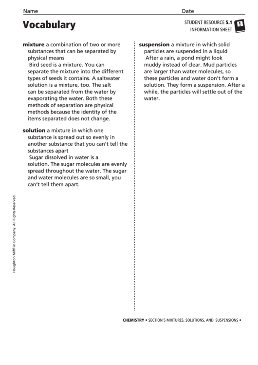 Vocabulary Mixtures, Solutions, And Suspensions printable pdf download