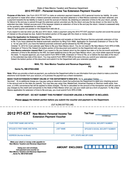 Form PitExt New Mexico Personal Tax Extension Payment Voucher