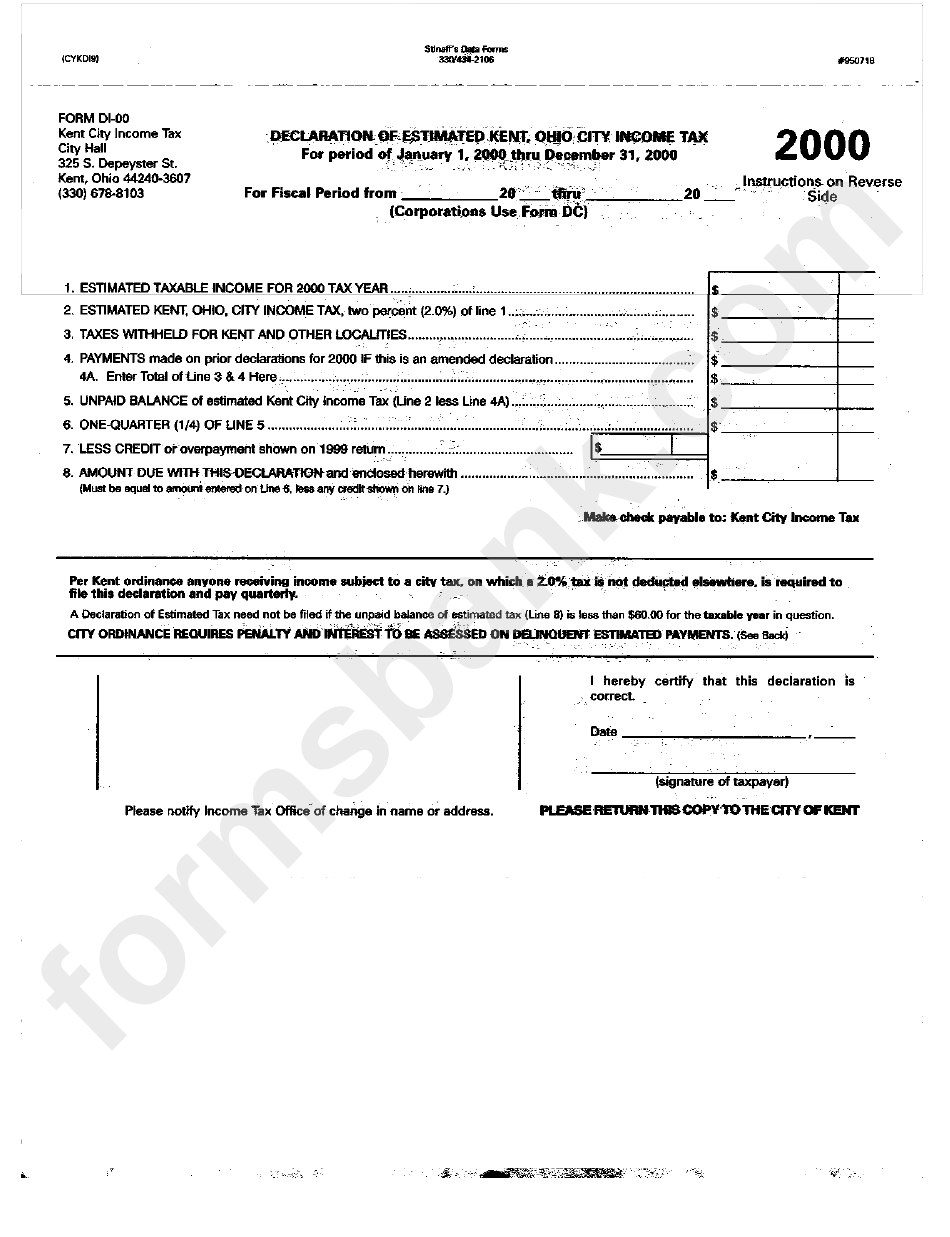 Form Di00 Declaration Of Estimated Kent Ohio City Tax 2000