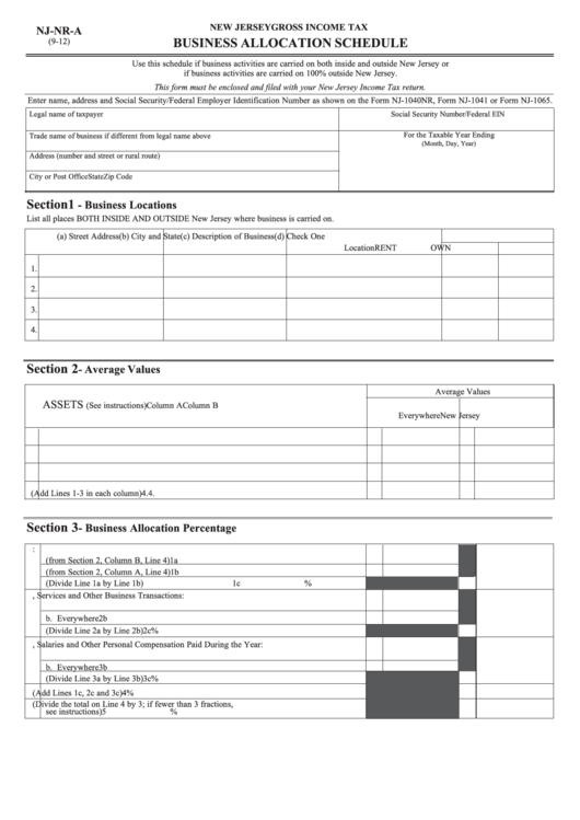 Fillable Form NjNrA Business Allocation Shedule New