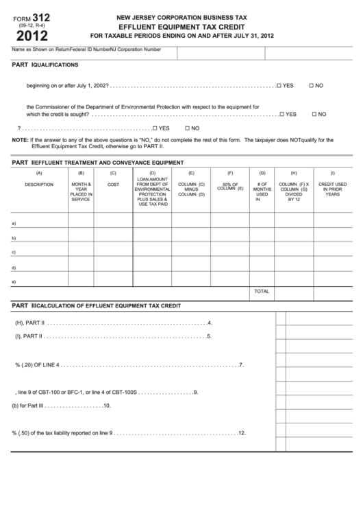 Fillable Form 312 Effluent Equipment Tax Credit New Jersey Corporation Business Tax 2012