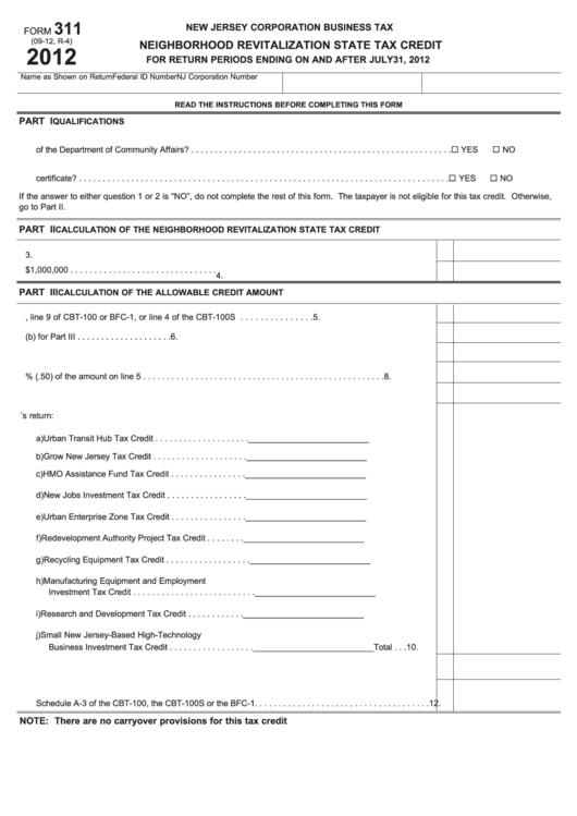 Fillable Form 311 Neighborhood Revitalization State Tax Credit New