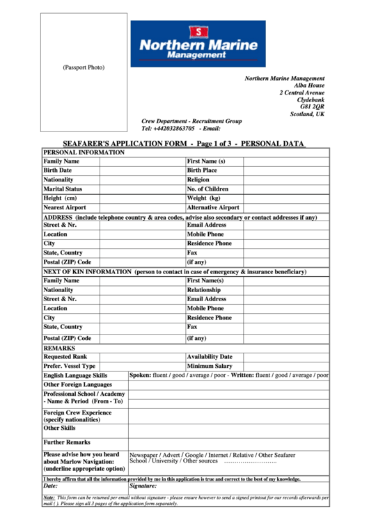 Seafarer'S Application Form Scotland Crew Department printable pdf