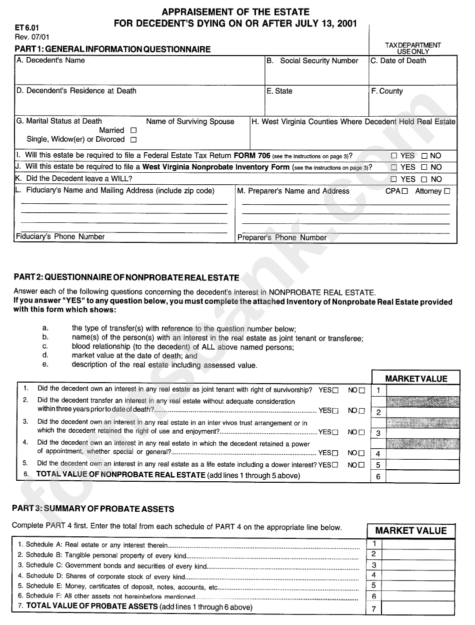 Form Et6.01 Appraisement Of The Estate For Decedent'S Dying On Or