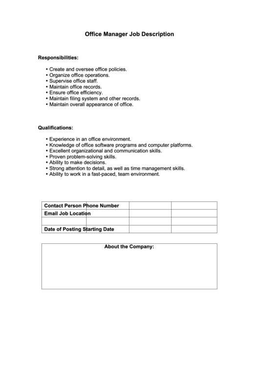 Office Manager Job Description printable pdf download