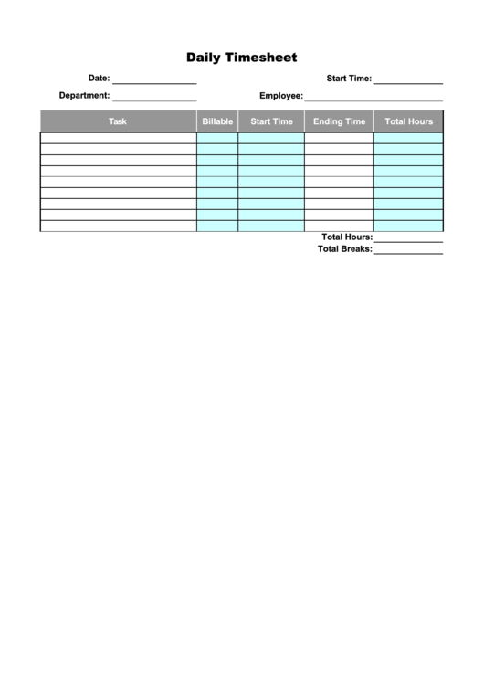 Daily Time Sheet With Breaks printable pdf download