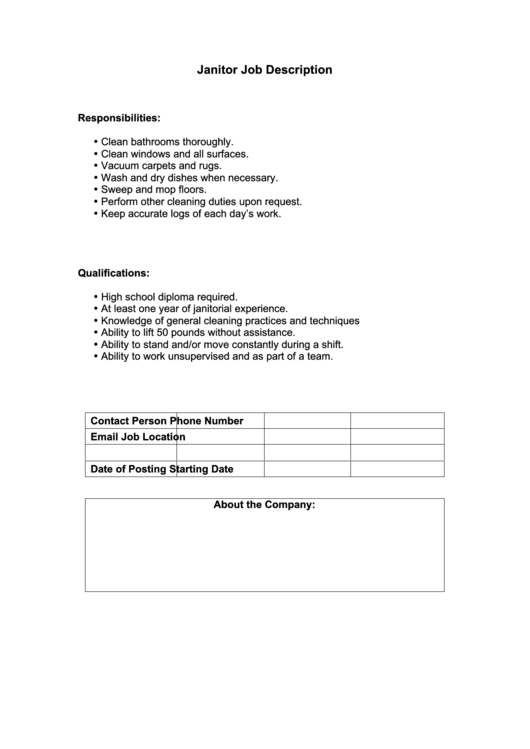 Janitor Job Description printable pdf download