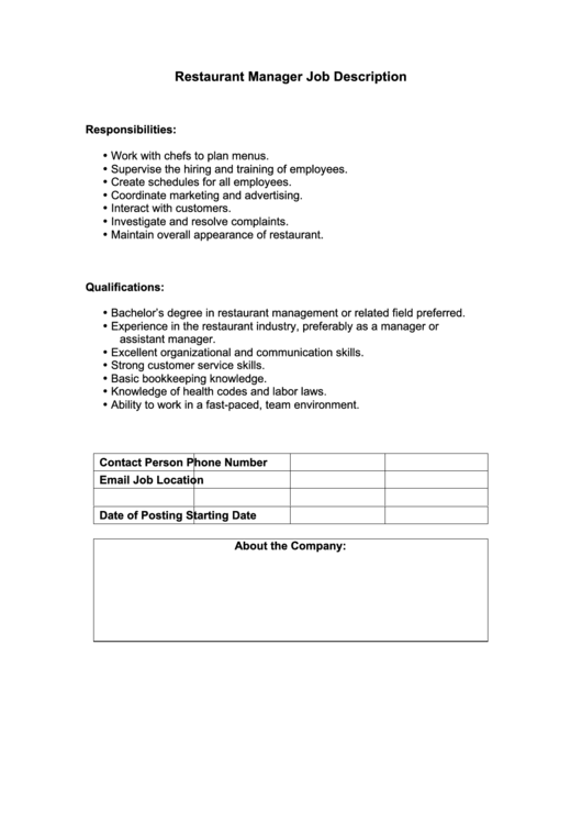Restaurant Manager Job Description printable pdf download