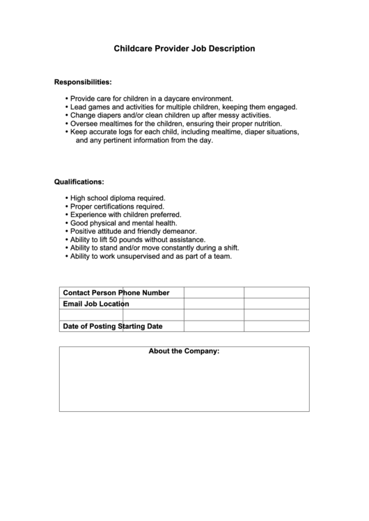 Childcare Provider Job Description printable pdf download