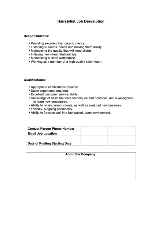 Hairstylist Job Description printable pdf download