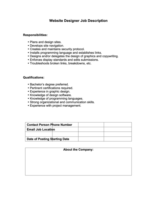 site Designer Job Description printable pdf download