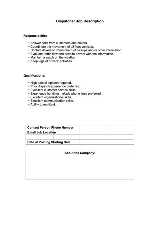Dispatcher Job Description printable pdf download