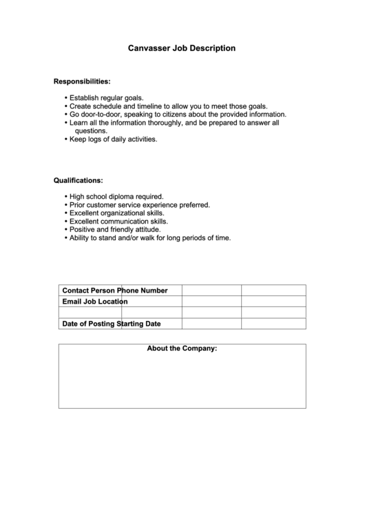 Canvasser Job Description printable pdf download