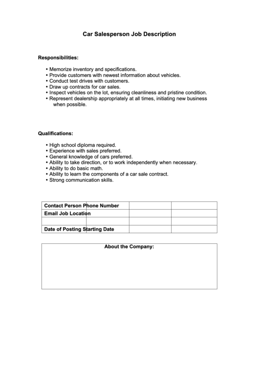 Car Salesperson Job Description printable pdf download