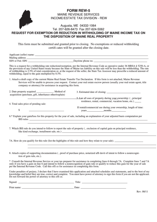 Form Rew5 Request For Exemption Or Reduction In Withholding Of Maine