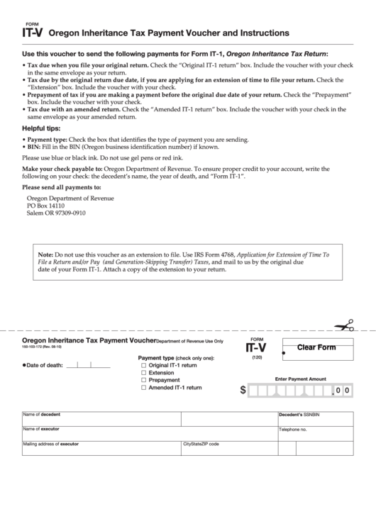 Form ItV Oregon Inheritance Tax Payment Voucher And Instructions