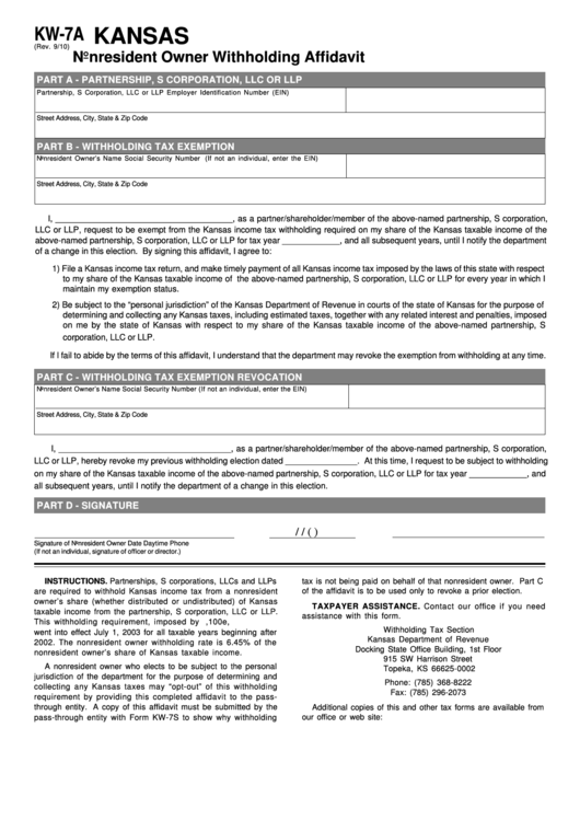 Schedule Kw7a Nonresident Owner Withholding Affidavit printable pdf