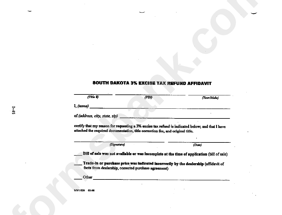 Form Mv1020 South Dakota 3 Excise Tax Refund Affidavit printable