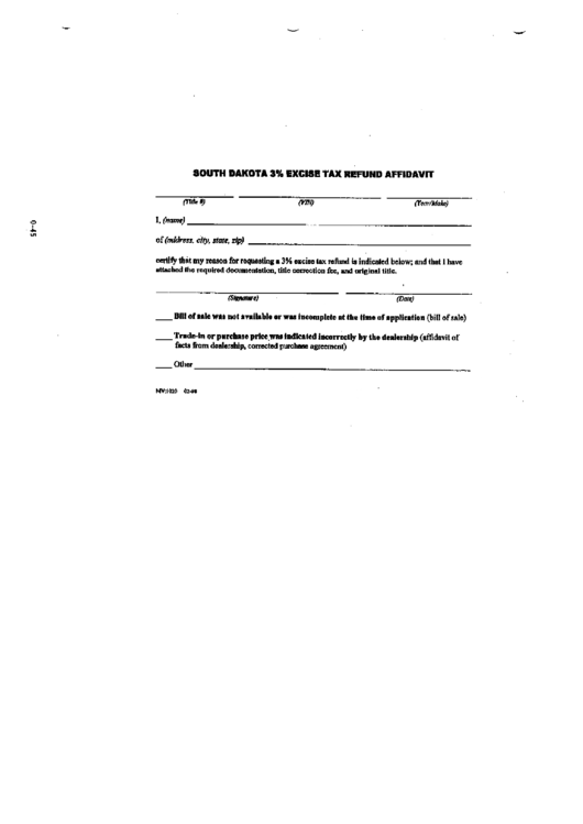 Form Mv1020 South Dakota 3 Excise Tax Refund Affidavit printable