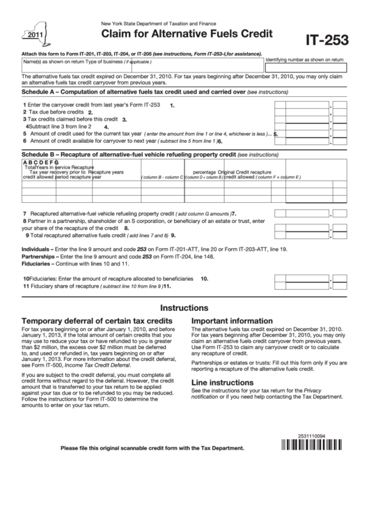 Fillable Form It253 Claim For Alternative Fuels Credit 2011