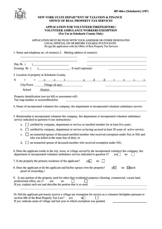 Fillable Form Rp466E [schoharie] Application For Volunteer