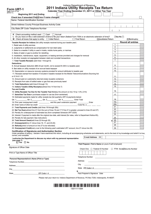 Fillable Form Urt1 Indiana Utility Receipts Tax Return 2011