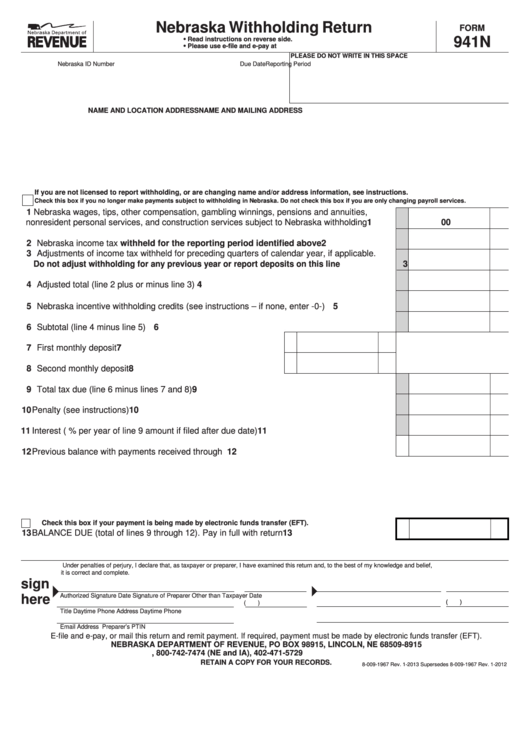 Form 941n Nebraska Withholding Return printable pdf download