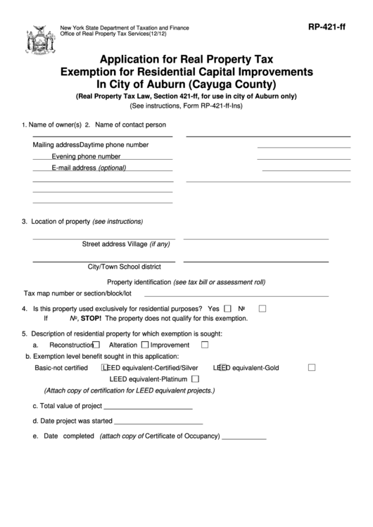 Fillable Form Rp421Ff Application For Real Property Tax Exemption