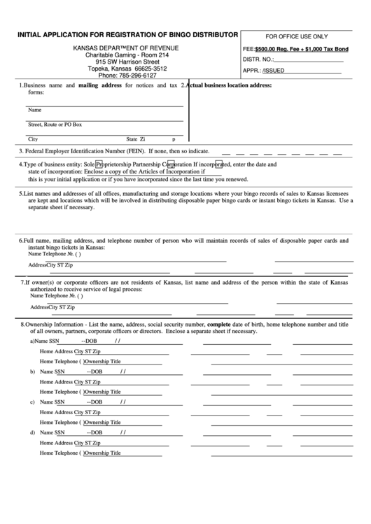 Form Bi158 Initial Application For Registration Of Bingo Distributor