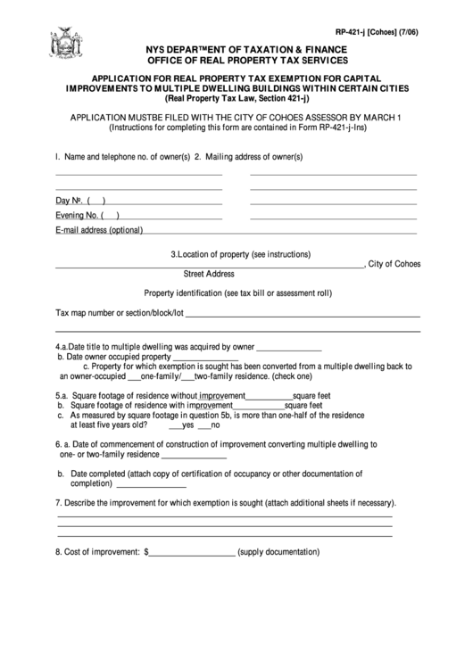 Fillable Form Rp421J [cohoes] Application For Real Property Tax Exemption For Capital