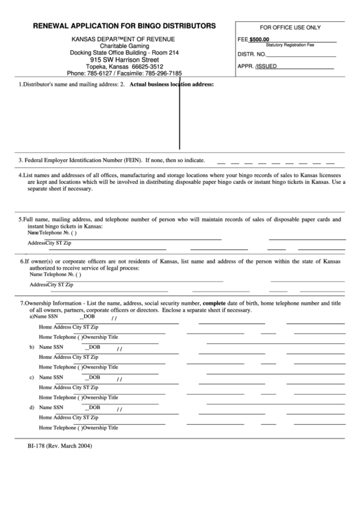 Form Bi178 Renewal Application For Bingo Distributors printable pdf