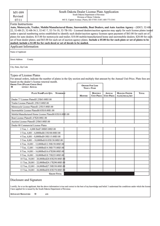 Form Mv099 South Dakota Dealer License Plate Application printable pdf download