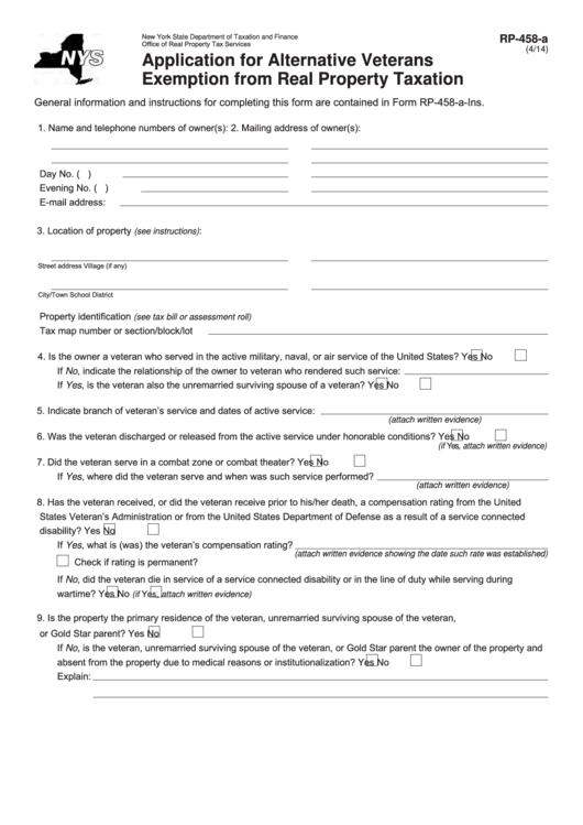 Fillable Form Rp458A Application For Alternative Veterans Exemption